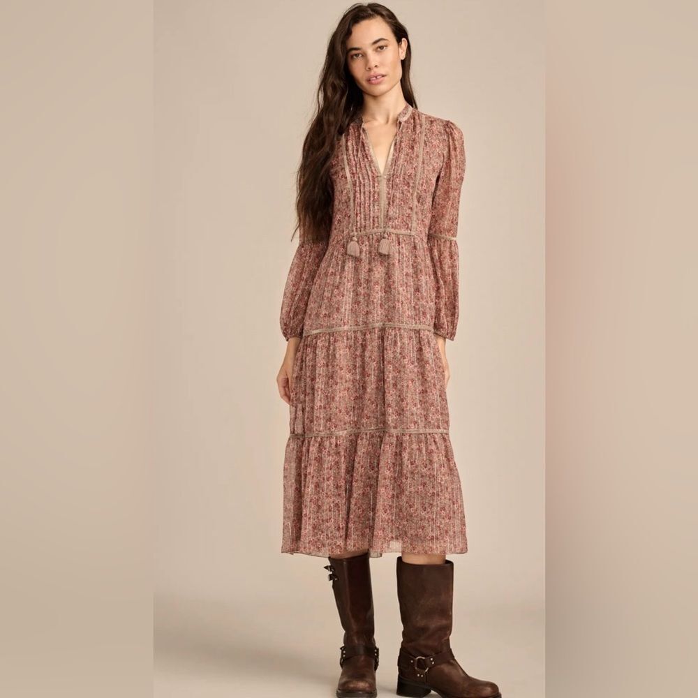 Lucky Brand Printed Shine Chiffon Midi Dress- Pink and Brown Florals